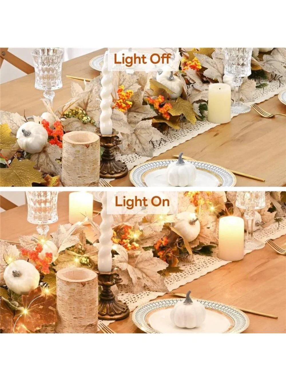 Lighted Fall Garland with Maple Leaves White Pumpkins Berry 6FT